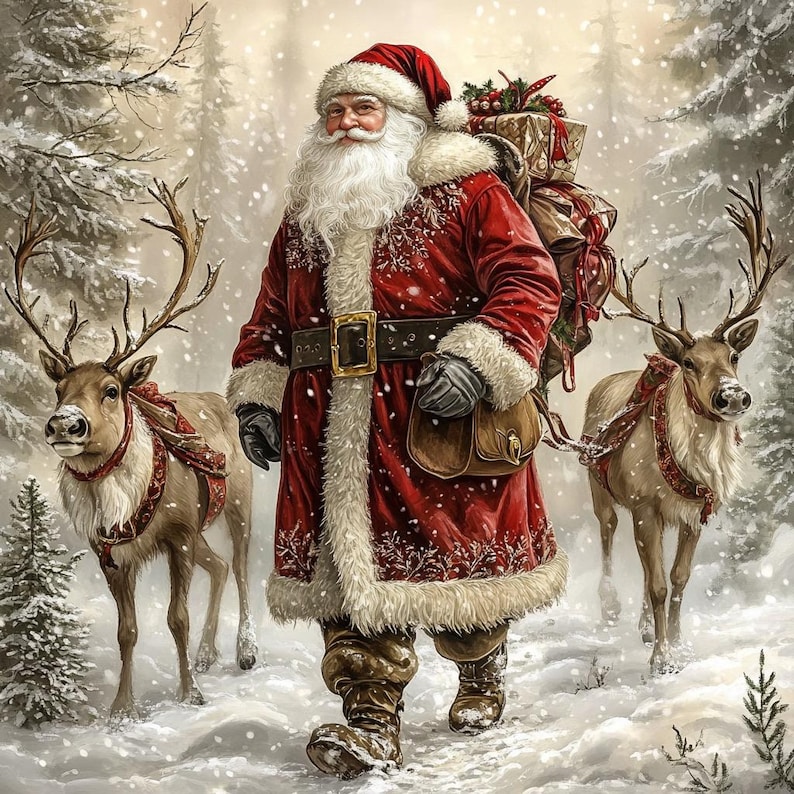 May include: Santa Claus with a long white beard wearing a red coat with white fur trim and a matching hat, carrying a large sack of gifts on his back. Two reindeer with antlers stand on either side in a snowy forest with falling snowflakes.