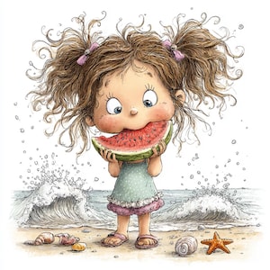 Op de afbeelding: Waterverfillustratie van een jong meisje dat een watermeloen eet op een strand. Ze draagt een lichtgroene jurk en roze sandalen. De achtergrond toont golven, schelpen en een zeester.