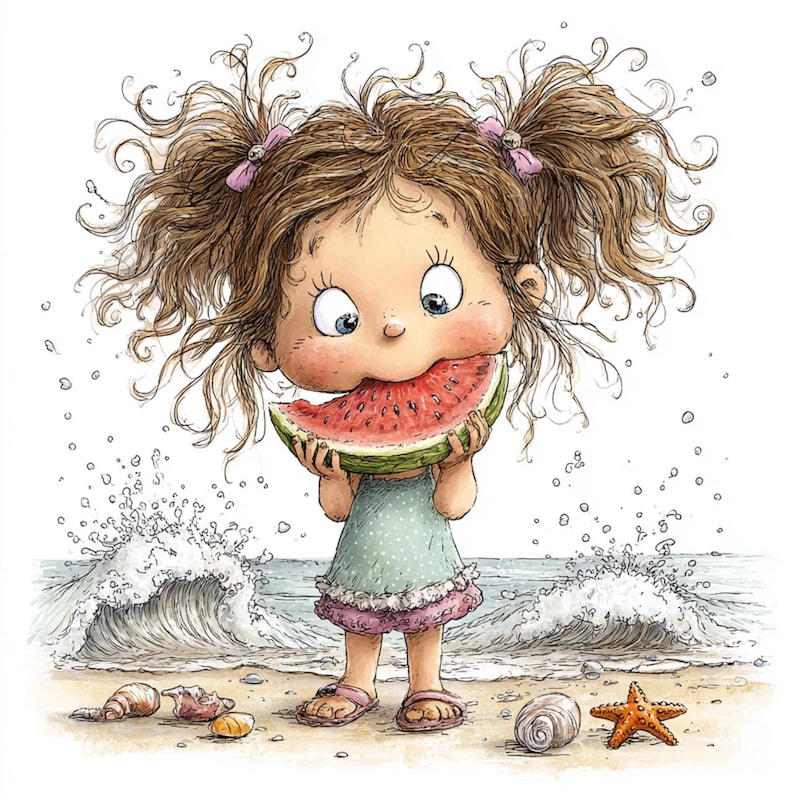 Op de afbeelding: Waterverfillustratie van een jong meisje dat een watermeloen eet op een strand. Ze draagt een lichtgroene jurk en roze sandalen. De achtergrond toont golven, schelpen en een zeester.