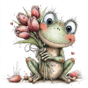 May include: A whimsical illustration of a smiling frog holding a bouquet of pink tulips. The frog is green with brown spots and large, expressive eyes. The tulips are tied with a ribbon, and small hearts float around the frog.