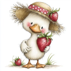 May include: A charming illustration of a white duckling wearing a straw hat with a red polka-dot band and holding a large red strawberry. Another strawberry rests on the ground. The duckling has rosy cheeks and a yellow beak.