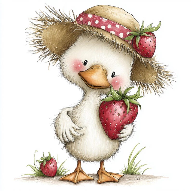 May include: A charming illustration of a white duckling wearing a straw hat with a red polka-dot band and holding a large red strawberry. Another strawberry rests on the ground. The duckling has rosy cheeks and a yellow beak.