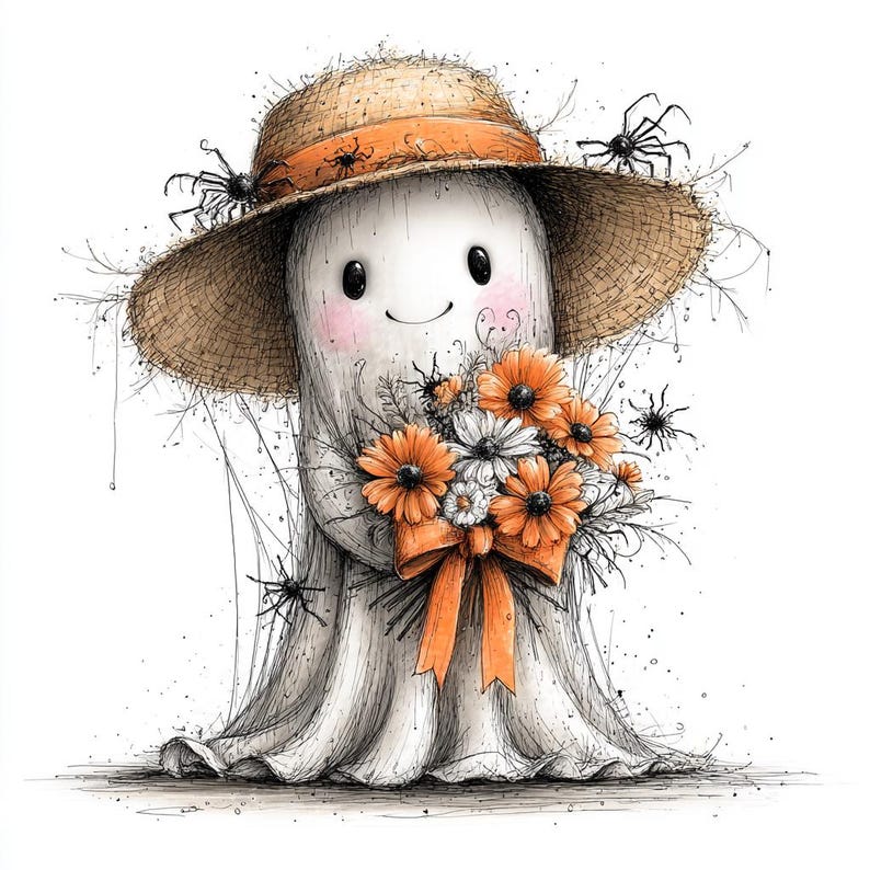May include: A whimsical illustration of a friendly ghost wearing a straw hat with an orange band and holding a bouquet of orange and white flowers tied with an orange ribbon. Black spiders are scattered around the ghost and hat.
