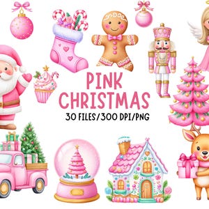 May include: A selection of pink Christmas illustrations. Features Santa Claus, a pink truck with a Christmas tree, a snow globe, a gingerbread man, a nutcracker, an angel, a reindeer, and other festive elements. The text "PINK CHRISTMAS" is displayed.