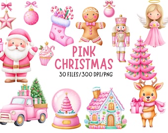 Rosa Weihnachtscliparts - Aquarell - Süßer Weihnachten Png - Weihnachtsmann - Preppy Christmas - Rentier - Sublimation - Kommerzielle Lizenz