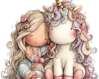 24 JPG Girl & Rainbow Unicorn Clipart: Nursery Graphics (Digital Download)