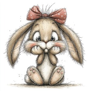 May include: A whimsical illustration of a seated bunny with large, expressive eyes and a blush on its cheeks. The bunny has long, floppy ears and a pink bow with white polka dots. The artwork is detailed with soft shading and a light background.