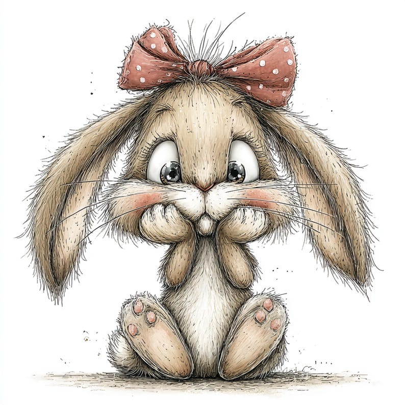 May include: A whimsical illustration of a seated bunny with large, expressive eyes and a blush on its cheeks. The bunny has long, floppy ears and a pink bow with white polka dots. The artwork is detailed with soft shading and a light background.
