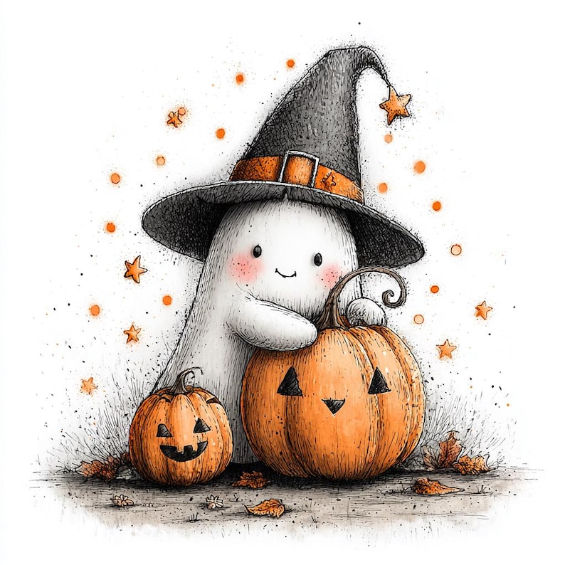 May include: A whimsical illustration of a friendly ghost wearing a witch hat and embracing two carved pumpkins. The ghost is white with rosy cheeks, and the pumpkins are orange with black carved faces. Orange stars and dots are scattered around the scene.