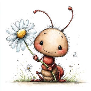 Könnte beinhalten: Eine skurrile Illustration einer Cartoon-Ameise, die eine große Gänseblümchen hält. Die Ameise ist braun und rot mit einem lächelnden Gesicht und großen Augen. Das Gänseblümchen hat weiße Blütenblätter und eine gelbe Mitte, vor einem grasbewachsenen Hintergrund.