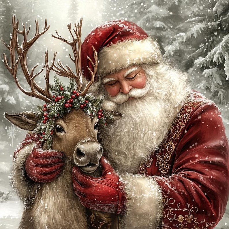 May include: Santa Claus with a long white beard and red coat with gold embroidery, wearing a red hat, gently holding a brown reindeer. The reindeer has a wreath of green pine needles and red berries around its antlers in a snowy forest.