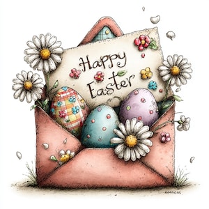 May include: A watercolor illustration of an Easter card in a pink envelope. The card reads "Happy Easter" and features three decorated eggs and daisies. The eggs are pastel colors with various patterns.