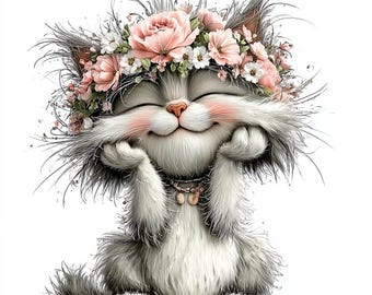 Puede incluir: Un gato de dibujos animados sonriente con pelaje gris y blanco, que lleva una corona floral de flores rosas y blancas. El gato tiene mejillas rosadas y se sujeta las patas a la cara. Un pequeño collar alrededor de su cuello.