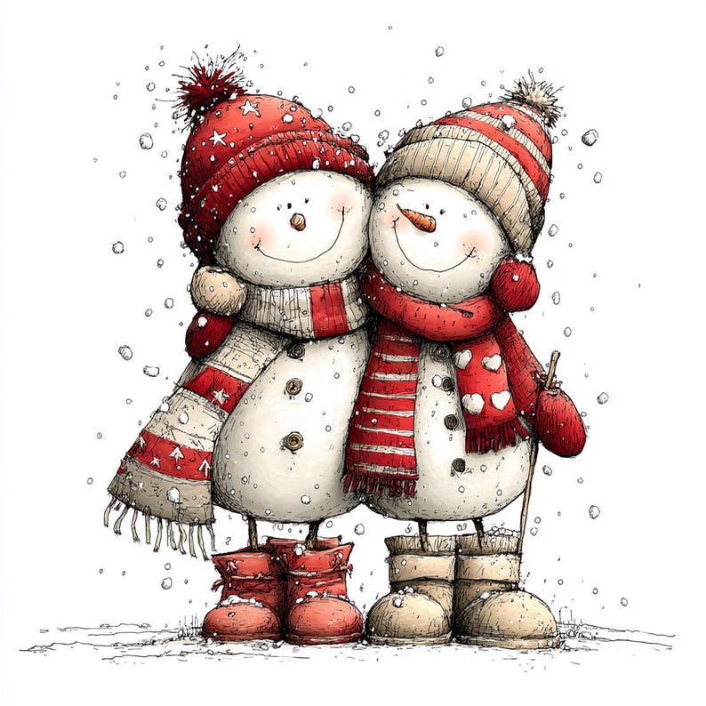 Puede incluir: Una ilustraci&oacute;n caprichosa de dos mu&ntilde;ecos de nieve abraz&aacute;ndose. Llevan sombreros, bufandas y mitones rojos, con botas rojas a juego. Los copos de nieve caen a su alrededor, creando una escena invernal festiva. Los mu&ntilde;ecos de nieve tienen ojos de bot&oacute;n y narices de zanahoria.