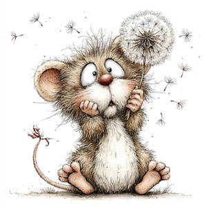 May include: A charming illustration of a mouse clutching a dandelion. The mouse has large eyes, a red nose, and brown fur. Dandelion seeds are scattered around. The mouse is sitting down, appearing surprised.