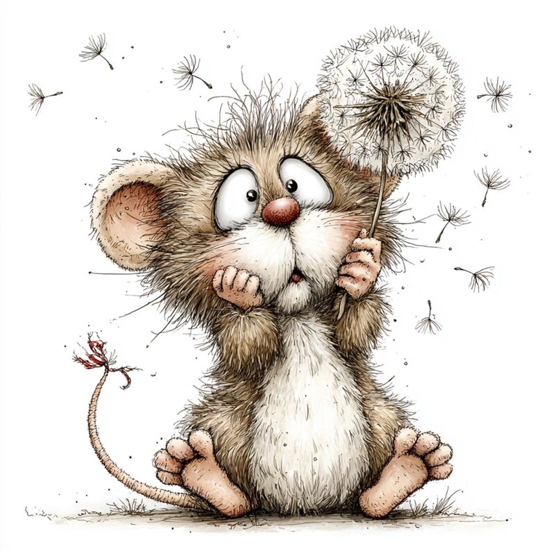 May include: A charming illustration of a mouse clutching a dandelion. The mouse has large eyes, a red nose, and brown fur. Dandelion seeds are scattered around. The mouse is sitting down, appearing surprised.