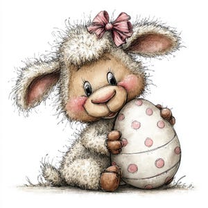 May include: A cute cartoon lamb with fluffy fur, rosy cheeks, and a pink bow, holding a white Easter egg with pink polka dots. The lamb is sitting down, and the image has a watercolor style.