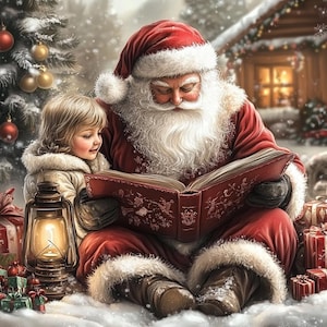 May include: Santa Claus with a long white beard and red suit with white fur trim sits in the snow reading a large red book to a young child in a cream coat. A lit metal lantern, wrapped gifts, and a decorated Christmas tree are nearby.