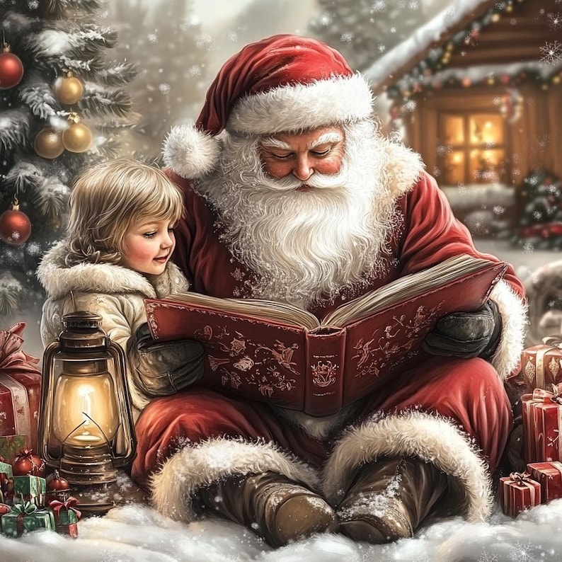 May include: Santa Claus with a long white beard and red suit with white fur trim sits in the snow reading a large red book to a young child in a cream coat. A lit metal lantern, wrapped gifts, and a decorated Christmas tree are nearby.