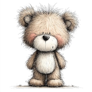Puede incluir: Ilustración de un oso de peluche con pelaje suave y marrón claro. El oso tiene una nariz negra, mejillas rosadas y una pequeña sonrisa. La obra de arte está detallada con líneas finas, lo que le da una apariencia suave y texturizada. El oso está de pie sobre un fondo blanco.