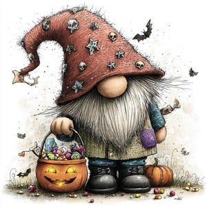 May include: A gnome wearing a tall, textured red hat decorated with skulls and stars, holding a glowing orange jack-o'-lantern candy bucket. The gnome has a long white beard, a beige coat, and black boots, standing near a small pumpkin and candy.