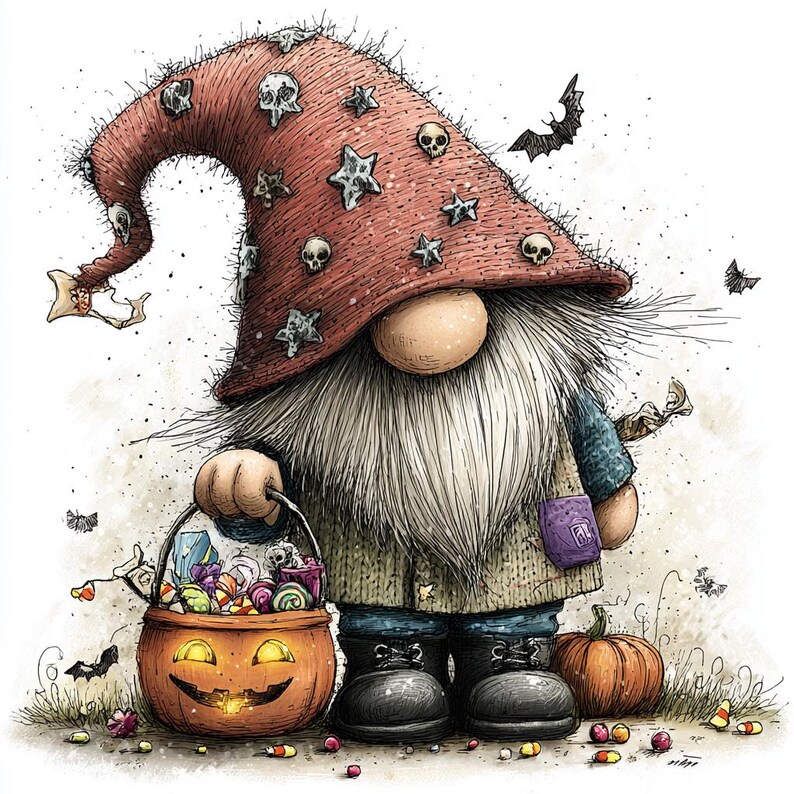May include: A gnome wearing a tall, textured red hat decorated with skulls and stars, holding a glowing orange jack-o'-lantern candy bucket. The gnome has a long white beard, a beige coat, and black boots, standing near a small pumpkin and candy.