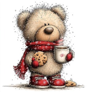 K&ouml;nnte beinhalten: Eine Illustration eines Teddyb&auml;ren in einer Winterszene. Der B&auml;r tr&auml;gt einen roten Schal und passende Stiefel, h&auml;lt eine Tasse hei&szlig;e Schokolade und einen Keks. Schneeflocken fallen, was eine gem&uuml;tliche, festliche Atmosph&auml;re schafft.