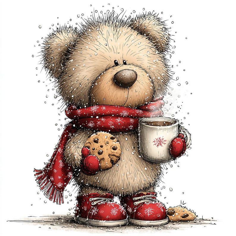 K&ouml;nnte beinhalten: Eine Illustration eines Teddyb&auml;ren in einer Winterszene. Der B&auml;r tr&auml;gt einen roten Schal und passende Stiefel, h&auml;lt eine Tasse hei&szlig;e Schokolade und einen Keks. Schneeflocken fallen, was eine gem&uuml;tliche, festliche Atmosph&auml;re schafft.