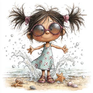 Op de afbeelding: Een illustratie van een meisje op het strand, gekleed in een lichtblauwe jurk met bloemenpatroon en een roze zonnebril. Ze staat in het water, met een splash eromheen. Schelpen en zeesterren liggen op het zand.