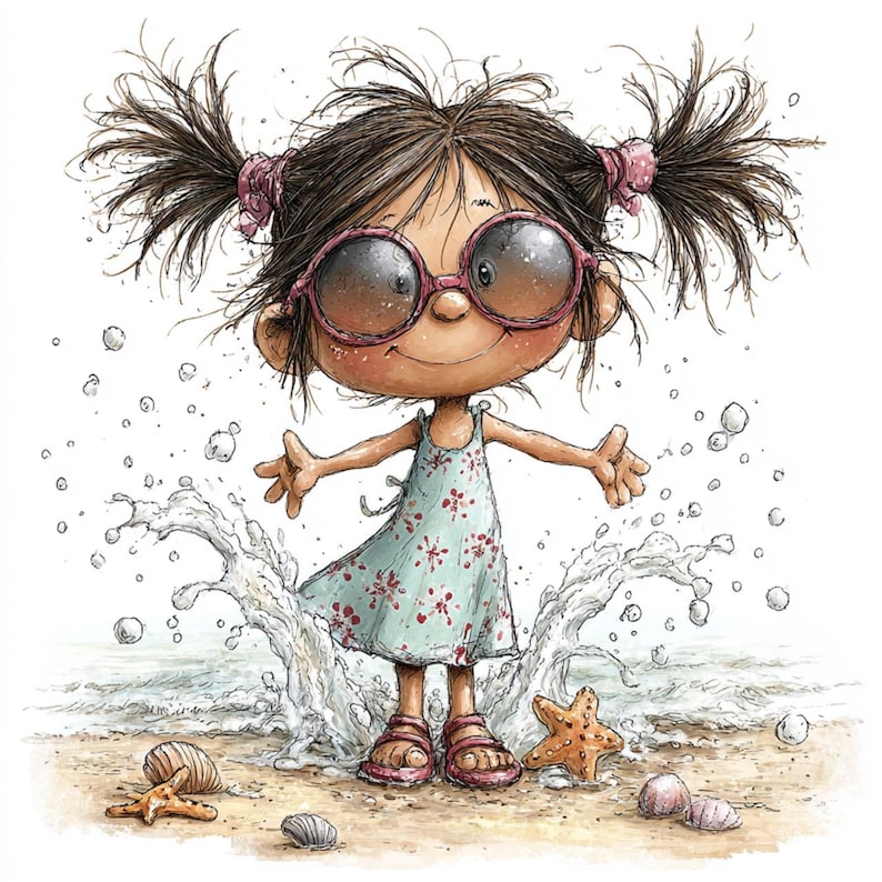 Op de afbeelding: Een illustratie van een meisje op het strand, gekleed in een lichtblauwe jurk met bloemenpatroon en een roze zonnebril. Ze staat in het water, met een splash eromheen. Schelpen en zeesterren liggen op het zand.