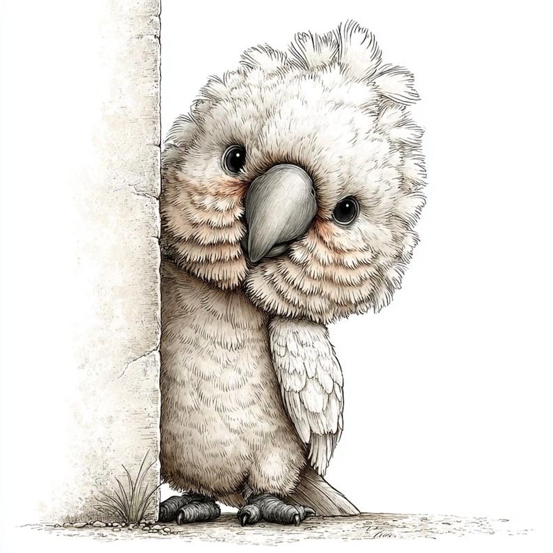 May include: A watercolor illustration of a white cockatoo peeking around a light-colored wall. The bird has fluffy feathers, a large beak, and dark eyes. The artwork has a soft, whimsical style, with subtle shading and detail.