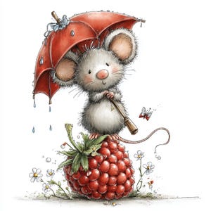 May include: A whimsical illustration of a gray mouse holding a brown umbrella, standing atop a large red raspberry. Raindrops fall around the mouse. A small butterfly flutters nearby. White daisies and green leaves are scattered around the raspberry.