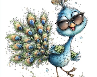 35 JPG Whimsical Peacock Clipart, Cute Summer Peacock with Ice Cream & Tropical Flowers, Nursery Animal Art, Commercial Use JPG