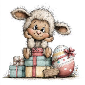 May include: A charming illustration of a lamb wearing a sheep costume, resting on a stack of pastel-colored gift boxes tied with ribbons. A decorated Easter egg with a pink bow and a wooden sign complete the festive scene.