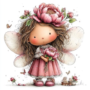 Può includere: Un'illustrazione stravagante di una fata con una grande corona di fiori di peonia rosa e un vestito abbinato. La fata ha lunghi capelli castani, guance rosee e ali delicate. Tiene in mano un bouquet di peonie rosa, con farfalle e fiori sparsi.