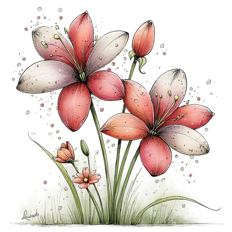 Puede incluir: Ilustraci&oacute;n en acuarela de flores estilizadas en tonos rosa, blanco y naranja. Las flores tienen p&eacute;talos detallados y est&aacute;n sobre un fondo blanco con hierba verde y peque&ntilde;os capullos. La obra de arte tiene un aspecto delicado, dibujado a mano.