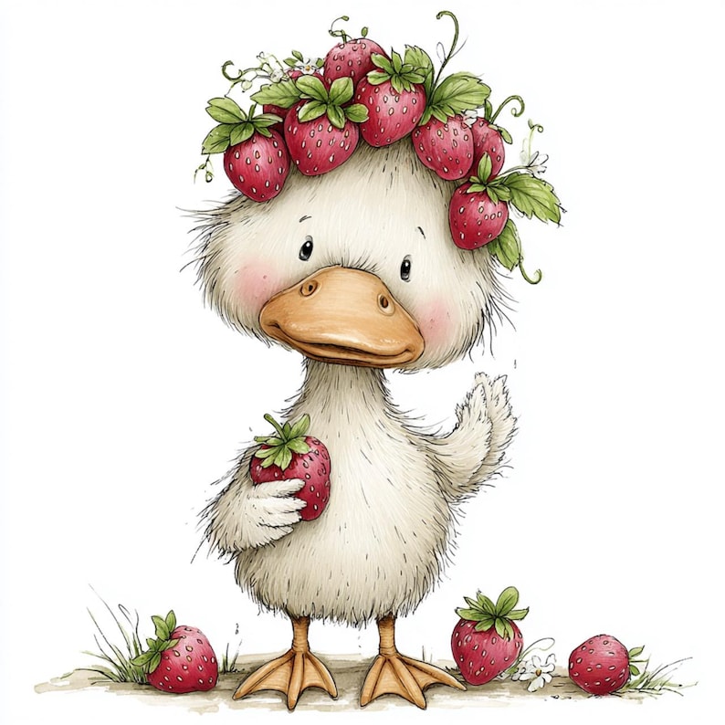 May include: A charming cartoon duck with white feathers, a brown beak, and rosy cheeks. The duck wears a crown of red strawberries and holds a strawberry. Several strawberries are scattered around the duck, creating a whimsical, fruity theme.