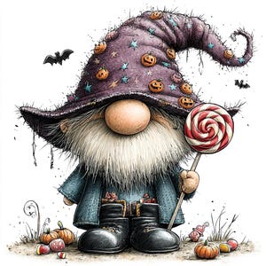 May include: A gnome wearing a tall, purple, distressed hat decorated with small orange jack-o'-lanterns and blue stars. The gnome has a large nose, a long white beard, a blue coat, and black boots, while holding a red and white swirl lollipop.