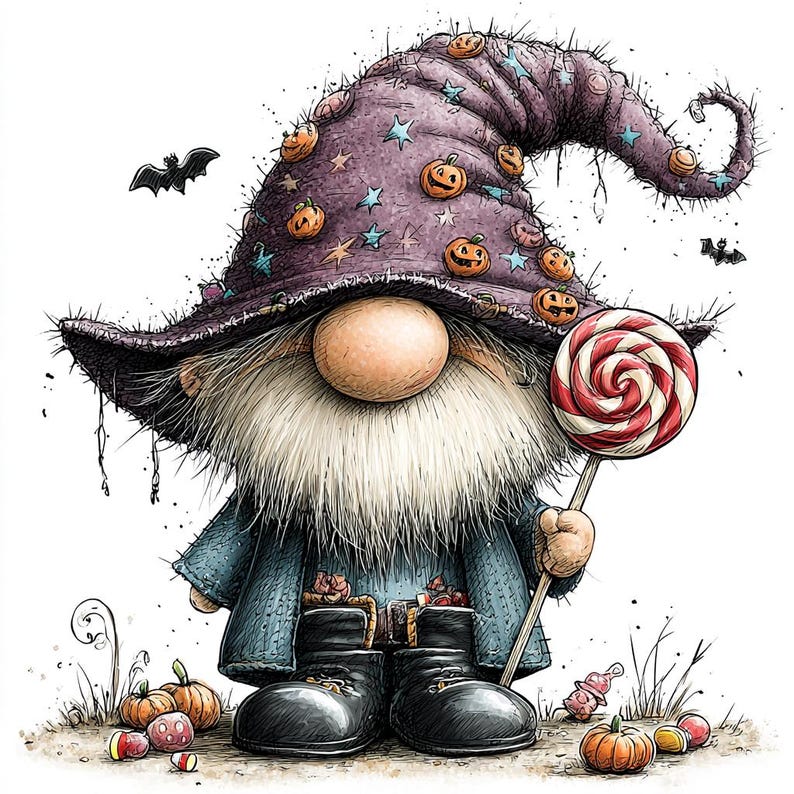 May include: A gnome wearing a tall, purple, distressed hat decorated with small orange jack-o'-lanterns and blue stars. The gnome has a large nose, a long white beard, a blue coat, and black boots, while holding a red and white swirl lollipop.