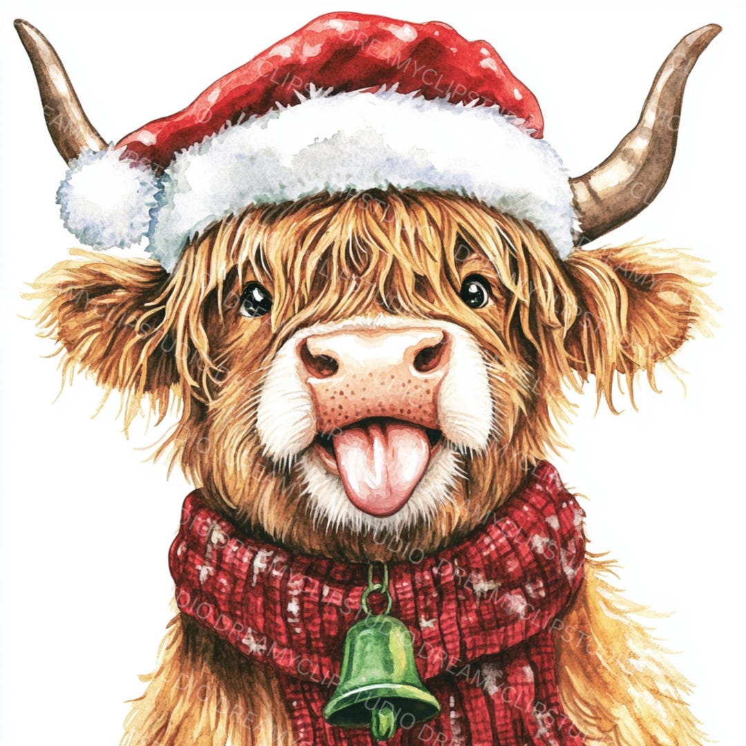 Funny Christmas Highland Cow Watercolor Clipart (JPG) - Etsy