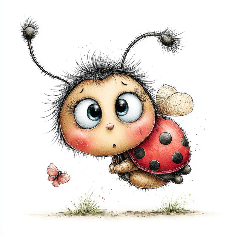 Peut inclure: Illustration fantaisiste d'une coccinelle de dessin anim&eacute; avec de grands yeux expressifs et une expression surprise. La coccinelle a une carapace rouge &agrave; pois noirs et est accompagn&eacute;e d'un petit papillon rose. L'&oelig;uvre est sur fond blanc.