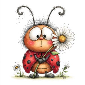Puede incluir: Ilustración caprichosa de una mariquita de dibujos animados sosteniendo una margarita. La mariquita tiene un caparazón rojo con lunares negros, ojos grandes y una expresión dulce. Las margaritas y la hierba están en el fondo, creando una imagen alegre con temática de la naturaleza.