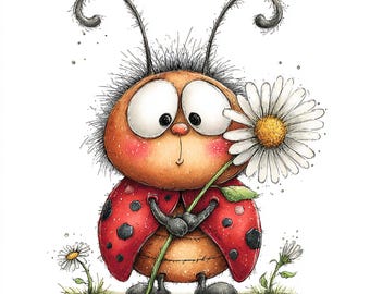 May include: A whimsical illustration of a cartoon ladybug holding a daisy. The ladybug has a red shell with black spots, large eyes, and a sweet expression. Daisies and grass are in the background, creating a cheerful, nature-themed image.