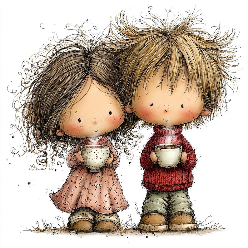 May include: A digital illustration of two cartoon children, a girl and a boy, holding mugs of a warm beverage. The girl wears a pink dress, and the boy wears a red sweater. Both have rosy cheeks and brown shoes. The background is white.