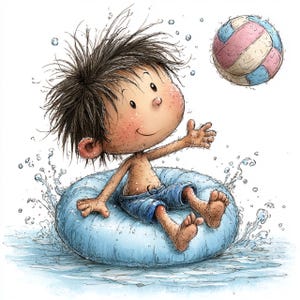 Peut inclure: Illustration de dessin animé d'un enfant dans une bouée bleue, jouant dans l'eau. L'enfant sourit et tend la main vers un ballon de volley-ball avec des panneaux roses, bleus et blancs. Des gouttelettes d'eau entourent l'enfant et la bouée.