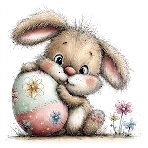 Könnte beinhalten: Eine Aquarellillustration eines niedlichen braunen Hasen, der ein dekoriertes Osterei umarmt. Das Ei ist pastellgrün und rosa, verziert mit floralen Designs. Der Hase hat rosa Wangen und eine rote Nase, mit Blumen und Gras im Hintergrund.