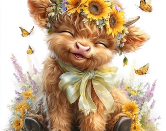 Highland Cow zonnebloemen clipart, baby Highland Cow, lentebloemen, afdrukbare aquarel, hoogwaardige JPG's, Paper Craft, Junk Journal