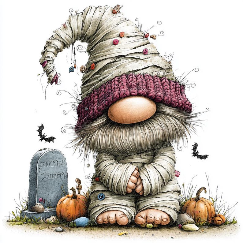 May include: A gnome dressed as a mummy in off-white bandages with a dark maroon knit hat, sitting between two orange pumpkins and a gray tombstone. The gnome has a large round nose, a bushy beard, and bare feet, with small bats flying nearby.