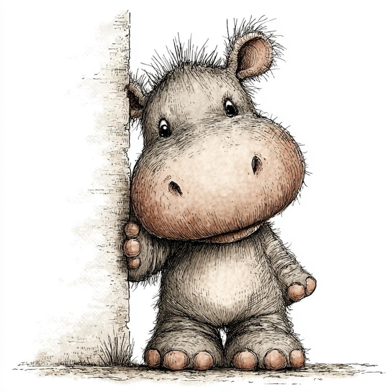 May include: A whimsical illustration of a hippo peeking from behind a tree. The hippo is gray with a large, pink snout and big, innocent eyes. The artwork has a textured, hand-drawn appearance, with detailed shading and linework.