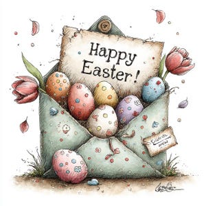 Pode incluir: Uma ilustração de Páscoa com um envelope verde claro cheio de ovos decorados. Os ovos são de várias cores, incluindo laranja, rosa, amarelo e azul, com desenhos florais e de bolinhas. O cartão diz "Feliz Páscoa!" com um botão.
